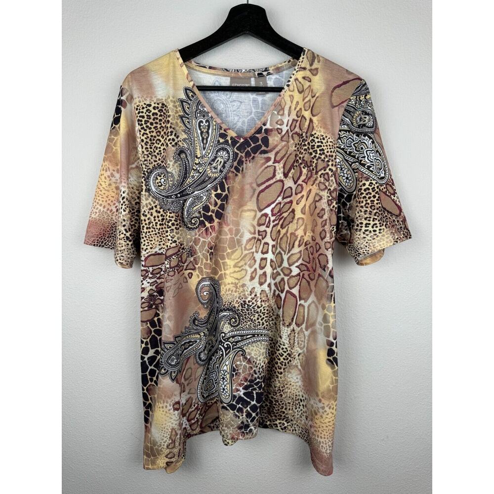 Chicos Top Womens Size XL 3 Tan Short Sleeve Artsy Art to Wear Career Mature